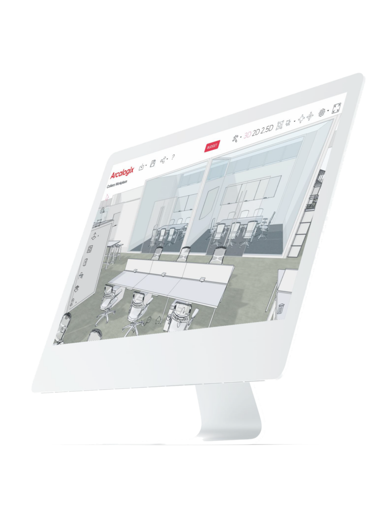 a 3D office layout created using Arcalogix and displayed on an iMac screen.
